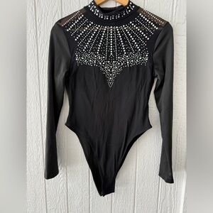 SHEIN Black Long Sleeve Bodysuit with Bedazzled Rhinestone Accents sz M